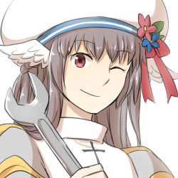 Rule 34 | 1girl, blue flower, bow, brown hair, closed mouth, commentary request, cross, dress, flower, grey dress, hat, hat bow, head wings, high priest (ragnarok online), holding, holding wrench, long hair, looking at viewer, natsuya (kuttuki), one eye closed, ragnarok online, red bow, red eyes, red flower, simple background, smile, solo, two-tone dress, upper body, white background, white dress, white hat, white wings, wings, wrench