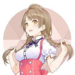 Rule 34 | 1girl, black bow, bow, braid, breasts, brown eyes, brown hair, collared shirt, dress shirt, holding, holding own hair, long hair, looking at viewer, love live!, love live! school idol festival, love live! school idol project, low twintails, medium breasts, minami kotori, open mouth, puffy short sleeves, puffy sleeves, red skirt, rio.lw, shirt, short sleeves, skirt, solo, striped, striped bow, suspender skirt, suspenders, teeth, twin braids, twintails, upper body, upper teeth only, white shirt