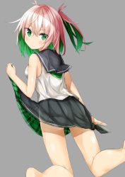 Rule 34 | 1girl, black skirt, blush, clothes lift, colored inner hair, commentary request, eyes visible through hair, from behind, green eyes, green hair, grey background, kavka, kneeling, lifting own clothes, looking at viewer, looking back, multicolored hair, original, pink hair, plaid, ponytail, short hair, simple background, skirt, skirt lift, solo, tied skirt, two-sided fabric, two-sided skirt, two-tone hair