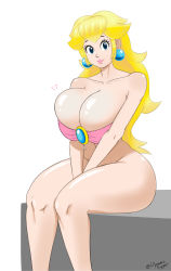 Rule 34 | 1girl, artist name, bandeau, bare arms, bare shoulders, blonde hair, blue eyes, bottomless, breasts, brooch, bursting breasts, cleavage, closed mouth, collarbone, dynamictrigger, earrings, eyelashes, feet out of frame, groin, hands on lap, head tilt, heart, highres, huge breasts, jewelry, knees, legs, lips, long hair, looking at viewer, mario (series), navel, nintendo, pink bandeau, pink lips, princess peach, shiny skin, simple background, sitting, smile, solo, super mario bros. 1, thick lips, thighs, twitter username, white background, wide hips