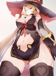 Rule 34 | 1girl, blonde hair, breasts, breasts out, cleavage, gloves, hat, large breasts, long hair, nijisanji, nipples, no panties, nui sociere, nui sociere (1st costume), pussy, solo, stomach, thighhighs, torn clothes, virtual youtuber, witch hat, yellow eyes, yoichi (nijie)
