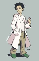 Rule 34 | 1boy, black hair, brown eyes, brown pants, closed mouth, commentary request, copyright name, full body, green footwear, grey background, hand in pocket, hand up, holding, lab coat, long sleeves, looking away, looking to the side, male focus, mawaru (mawaru), okabe rintarou, open clothes, pants, shadow, shirt, slippers, solo, standing, steins;gate, white shirt