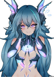 Rule 34 | 1girl, absurdres, adhesive bra, aqua hair, bare shoulders, black bra, blue pupils, blush, bra, breasts, closed mouth, crossed bangs, fins, hair between eyes, hands on own face, head fins, highres, hscnathan, lamia (punishing: gray raven), long hair, looking at viewer, mechanical arms, mechanical parts, messy, navel, punishing: gray raven, purple eyes, ringed eyes, shell hair ornament, sidelocks, small breasts, solo, underwear, very long hair, yandere