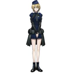 Rule 34 | 1girl, ankle boots, arm pouch, artist request, belt pouch, black footwear, black necktie, black sleeves, blonde hair, blue dress, blue headwear, boots, breasts, closed mouth, collared dress, diagonal-striped clothes, diagonal-striped necktie, dress, full body, girls&#039; frontline, green eyes, hair between eyes, long sleeves, looking at viewer, medium breasts, necktie, no socks, official art, overskirt, own hands together, pouch, puffy long sleeves, puffy sleeves, short hair, simple background, smile, solo, standing, striped clothes, syuzanna (girls&#039; frontline), tachi-e, third-party source, transparent background, travel attendant, walkie-talkie