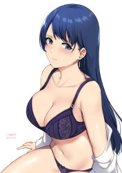 Rule 34 | 1girl, artist name, blue eyes, blue hair, blush, bra, breasts, cleavage, closed mouth, collarbone, commentary, earrings, english commentary, hand up, jewelry, kauru00, large breasts, long hair, long sleeves, looking at viewer, mole, mole on breast, navel, off shoulder, open clothes, open shirt, original, panties, purple bra, purple panties, shirt, simple background, sitting, solo, straight hair, underwear, white background, white shirt