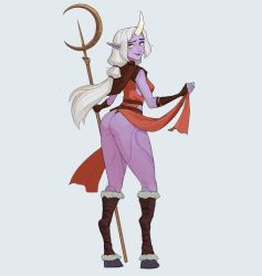 Rule 34 | 1girl, amugea, ass, clothes lift, colored skin, gloves, highres, hooves, horns, league of legends, long hair, looking at viewer, pointy ears, ponytail, purple skin, single horn, skirt, skirt lift, solo, soraka (league of legends), staff, tattoo, very long hair, white hair, yellow eyes