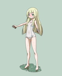 Rule 34 | 1girl, bare legs, barefoot, blonde hair, blunt bangs, blush, braid, covered navel, creatures (company), full-face blush, full body, game freak, green background, green eyes, holding, lillie (pokemon), long hair, looking at viewer, nintendo, old school swimsuit, one-piece swimsuit, pokemon, pokemon (anime), pokemon sm (anime), puddle, rohitsuka, school swimsuit, simple background, smile, solo, swimsuit, twin braids, wet, wet clothes, wet swimsuit, white one-piece swimsuit, white school swimsuit