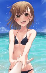 Rule 34 | 1girl, absurdres, bikini, black bikini, blue sky, blush, breasts, brown eyes, brown hair, cleavage, collarbone, faceless, faceless male, groin, hair ornament, hairclip, highres, holding hands, k3rd, looking at viewer, medium hair, misaka mikoto, ocean, open mouth, parted bangs, pov, sky, small breasts, smile, solo, sparkle, stomach, sunlight, swimsuit, toaru kagaku no railgun, toaru majutsu no index, upper body, water, water drop