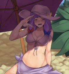 Rule 34 | 1girl, bad id, bad pixiv id, bikini, blue bow, blush, bow, breasts, collarbone, cowboy shot, crescent, crescent pin, fanning, front-tie bikini top, front-tie top, hair bow, hat, hat pin, hot, leaf, long hair, medium breasts, navel, open mouth, outdoors, patchouli knowledge, plant, purple bikini, purple eyes, purple hair, purple hat, red bow, shade, sitting, solo, splayter, sweat, swimsuit, touhou, umbrella