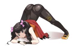 Rule 34 | 1girl, absurdres, ass, black hair, brown eyes, closed mouth, full body, gloves, hair ornament, highres, jack-o&#039; challenge, johwa (1n33dyour1ov3), ling xiaoyu, long hair, looking at viewer, simple background, single glove, solo, tekken, twintails, white background
