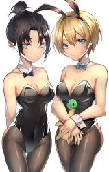 Rule 34 | 2girls, absurdres, alternate costume, animal ears, animification, apex legends, black bow, black bowtie, black hair, blonde hair, blue eyes, blue neckwear, blush, bow, bowtie, breasts, cleavage, covered navel, detached collar, facial scar, fake animal ears, grey eyes, hair behind ear, highres, holding, holding stuffed toy, huge filesize, leotard, medium breasts, multiple girls, nessie (respawn), nitogebeto, pantyhose, parted bangs, playboy bunny, rabbit ears, scar, scar on cheek, scar on face, short hair, stuffed toy, wattson (apex legends), wraith (apex legends), wrist cuffs