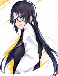 Rule 34 | 1girl, :d, black-framed eyewear, black hair, black jacket, blue eyes, blush, cropped torso, from side, glasses, hanetsuka, highres, idolmaster, idolmaster shiny colors, jacket, long hair, long sleeves, looking at viewer, looking to the side, mitsumine yuika, open mouth, parted bangs, sidelocks, smile, solo, twintails, white background, wing collar