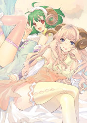 Rule 34 | 2girls, ahoge, bare shoulders, blue eyes, breasts, commentary request, detached sleeves, dress, dutch angle, earrings, green hair, highres, horns, ito noizi, jewelry, large breasts, light brown hair, lips, long hair, macross, macross frontier, multiple girls, ranka lee, red eyes, sheep horns, sheryl nome, short hair, single earring, small breasts, strapless, strapless dress, thighhighs