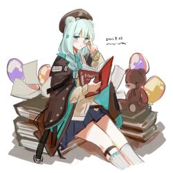 Rule 34 | 1girl, adjusting eyewear, animal ears, aqua eyes, aqua hair, aqua necktie, arknights, balloon, bear ears, beret, blue skirt, blush, book, book stack, braid, brown cloak, brown hat, cardigan, cloak, commentary, cropped legs, dated, hat, highres, holding, holding weapon, istina (arknights), k-yosinori, looking at viewer, monocle, necktie, open book, paper, parted lips, pleated skirt, shadow, short hair, side braid, signature, simple background, sketch, skirt, solo, stuffed animal, stuffed toy, teddy bear, weapon, white background, yellow cardigan
