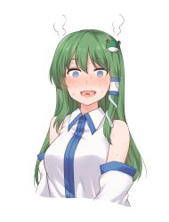 Rule 34 | 1girl, :d, bare shoulders, blue eyes, blush, cherry stem knot, commentary, constricted pupils, detached sleeves, frog hair ornament, hair between eyes, hair ornament, hair tubes, highres, kochiya sanae, looking at viewer, miyo (ranthath), open mouth, simple background, smile, snake hair ornament, solo, steam, surprised, sweat, nervous sweating, touhou, upper body, white background