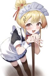 Rule 34 | 1girl, alternate costume, apron, black thighhighs, blonde hair, blush, fortissimo, hair bun, hair ornament, highres, hololive, hololive dev is, long hair, looking at viewer, maid, maid apron, maid headdress, musical note, musical note hair ornament, nail polish, otonose kanade, pink nails, red eyes, single hair bun, solo, thighhighs, virtual youtuber, white apron, white background, white headdress, yoshidadon
