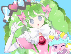 Rule 34 | 1girl, blue background, bow, colored eyelashes, commentary request, dress, elbow gloves, falulu, gloves, green hair, grey eyes, hair bow, hand up, headphones, heart, long hair, looking at viewer, moudoku (decopon3rd), one eye closed, open mouth, pink bow, pink dress, power symbol, pretty series, pripara, puffy short sleeves, puffy sleeves, purple eyes, short sleeves, sidelocks, smile, sparkle, stuffed unicorn, tiara, twintails, unicorn (pripara), upper body, v, white bow, white gloves