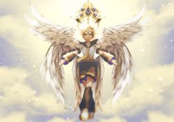 Rule 34 | 1boy, angel, angel wings, arm warmers, bad id, bad twitter id, belt, black collar, black shorts, black sleeves, blonde hair, blurry, blurry foreground, collar, commentary, crown, detached sleeves, ei flow, english commentary, feathered wings, from below, jewelry, kagamine len, leg warmers, looking at viewer, male focus, midriff peek, necktie, outstretched arms, sailor collar, school uniform, shirt, short sleeves, shorts, sky, spiked hair, v-shaped eyebrows, vocaloid, white footwear, white shirt, wide shot, wings, yellow neckwear