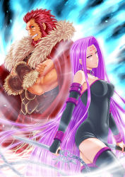 1boy 1girl armor bare_shoulders beard boots breasts cape crossed_arms dress facial_hair fate/stay_night fate/zero fate_(series) iskandar_(fate) long_hair medusa_(fate) medusa_(rider)_(fate) muscular purple_eyes purple_hair red_eyes red_hair revision smile square_pupils strapless strapless_dress thigh_boots thighhighs very_long_hair yuki1977 zettai_ryouiki