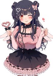 Rule 34 | 1girl, alternate hairstyle, beeftanizoko, black choker, black hair, blunt bangs, blush, bow, breasts, brown eyes, choker, clenched hand, collarbone, commentary, cowboy shot, dot nose, double bun, dress, earrings, elbow gloves, fake wings, fingerless gloves, frilled choker, frilled dress, frills, gloves, hair bow, hair bun, hair ornament, hair ribbon, hairclip, hands up, heart, heart earrings, heart hair ornament, heart wand, highres, holding, holding wand, idolmaster, idolmaster shiny colors, jewelry, jirai kei, layered dress, long hair, looking at viewer, mayuzumi fuyuko, medium breasts, one eye closed, pink gloves, pink ribbon, ribbon, short sleeves, simple background, smile, solo, standing, tongue, tongue out, two-tone dress, wand, white background, white wings, wings