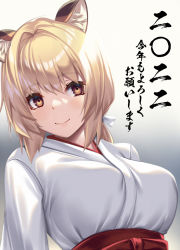 Rule 34 | 1girl, 2022, animal ear fluff, animal ears, breasts, brown eyes, closed mouth, commentary request, gradient background, grey background, hair ribbon, highres, japanese clothes, kimono, large breasts, looking at viewer, low ponytail, miko, original, ribbon, smile, solo, takanashi-a, tiger ears, translation request, upper body, white kimono, white ribbon