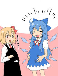 Rule 34 | 2girls, alexa mahone, alternate hair length, alternate hairstyle, bad id, bad pixiv id, blonde hair, blue hair, bow, cirno, embodiment of scarlet devil, fang, hair bow, is that so, long hair, multiple girls, pregnant, red eyes, rumia, short hair, touhou, wings