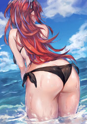 Rule 34 | 1girl, ass, bare shoulders, breasts, butt crack, from behind, highres, large breasts, leaning, leaning forward, long hair, multicolored hair, purple hair, red hair, sakazuki sudama, shiny clothes, shiny skin, sideboob, solo, swimsuit, two-tone hair, very long hair, water, wet, wet clothes, wet hair