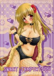 Rule 34 | belt, blonde hair, blush, breasts, collar, criss cross top, flower, lace up front, large breasts, leather bustier, long hair, midriff, ragnarok online, red eyes, shorts, strapless, tube top