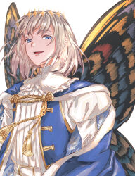Rule 34 | 1boy, blue cape, blue eyes, butterfly wings, cape, eiki (eikityou 55), eyelashes, fate/grand order, fate (series), frilled shirt collar, frills, grey hair, highres, insect wings, juliet sleeves, long sleeves, looking at viewer, male focus, oberon (fate), open mouth, puffy sleeves, shirt, short hair, simple background, solo, tassel, upper body, white background, white shirt, wings