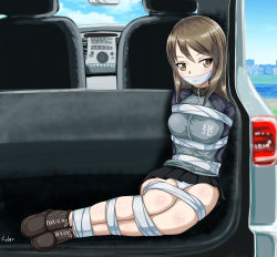 Rule 34 | 10s, 1girl, absurdres, bdsm, blush, bondage, bound, breasts, brown eyes, brown hair, cyber (cyber knight), gag, gagged, girls und panzer, highres, kidnapping, large breasts, looking at viewer, mika (girls und panzer), panties, skirt, solo, underwear, upskirt, white panties