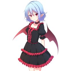 Rule 34 | 1girl, alternate costume, arms behind back, bat wings, black dress, breasts, choker, collarbone, detached collar, dress, fang, fang out, hair between eyes, junior27016, light purple hair, light smile, looking at viewer, no headwear, no headwear, pointy ears, puffy short sleeves, puffy sleeves, red eyes, remilia scarlet, short hair, short sleeves, small breasts, solo, touhou, vampire, wings