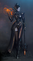 Rule 34 | 1girl, absurdres, arm at side, armor, armored boots, artist name, asymmetrical legwear, black bodysuit, black footwear, blue eyes, bodysuit, boobplate, book, boots, breastplate, breasts, brown thighhighs, commentary, covered navel, eyelashes, eyeliner, facial mark, faulds, flaming hand, forehead mark, full body, gauntlets, gluteal fold, grimoire, hand up, headwear request, highres, holding, holding book, holding staff, knee boots, legs together, lips, long hair, looking at viewer, magic, makeup, medium breasts, naver username, nose, open book, original, pauldrons, pointy ears, ponytail, shoulder armor, single thighhigh, skin tight, solo, sonacia, staff, standing, swept bangs, thigh gap, thighhighs, uneven legwear, watermark, web address
