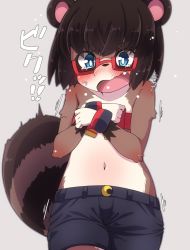 Rule 34 | artist request, black hair, blue eyes, blush, covering breasts, covering privates, furry, glasses, navel, open mouth, raccoon, scared, standing, tears, tongue, topless male