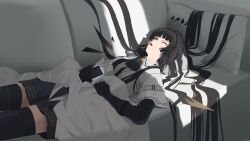 Rule 34 | 1girl, arknights, ascot, black ascot, black gloves, black hair, black skirt, black thighhighs, blunt bangs, closed eyes, couch, cowboy shot, day, elbow gloves, gloves, hair spread out, headphones, highres, indoors, jacket, legs apart, listening to music, long hair, long sleeves, lying, miniskirt, northkiyou, on back, open mouth, pillow, pleated skirt, screen light, shadow, skirt, sleeping, solo, straight hair, thighhighs, very long hair, virtuosa (arknights), white jacket, wings, zettai ryouiki