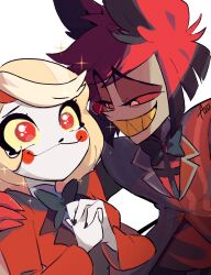 Rule 34 | 1boy, 1girl, alastor (hazbin hotel), azu (kirara310), black hair, blonde hair, charlie morningstar, colored sclera, commentary request, evil grin, evil smile, grin, hand on another&#039;s shoulder, hazbin hotel, highres, long hair, multicolored hair, own hands together, pale skin, red eyes, red sclera, sharp teeth, short hair, simple background, smile, teeth, upper body, yellow sclera