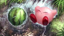 Rule 34 | absurdres, afloat, blush stickers, closed eyes, colored skin, food, fruit, grass, highres, kirby, kirby (series), net, nintendo, no humans, pink skin, shiburingaru, water, watermelon