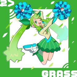 Rule 34 | cheerleader, creatures (company), fortissimo, game freak, grass miku (project voltage), green eyes, green hair, green skirt, hair ornament, hatsune miku, highres, jumping, kneehighs, legs together, long hair, long sleeves, musical note, musical note hair ornament, nintendo, one eye closed, open mouth, ozido, poke ball, pokemon, pom pom (cheerleading), project voltage, shoes, skirt, sneakers, socks, twintails, very long hair, vocaloid