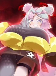 Rule 34 | 1girl, alternate breast size, bow-shaped hair, breasts, character hair ornament, creatures (company), dynamax, enostal, game freak, gigantamax, grey pantyhose, hair ornament, hexagon print, highres, huge breasts, iono (pokemon), jacket, long hair, low-tied long hair, multicolored hair, nintendo, oversized clothes, pantyhose, pink eyes, pink hair, pokemon, pokemon sv, shirt, single leg pantyhose, sleeveless, sleeveless shirt, sleeves past fingers, sleeves past wrists, solo, twintails, two-tone hair, very long hair, yellow jacket