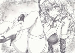 Rule 34 | 1girl, atago (kancolle), bikini, breasts, cleavage, detached sleeves, graphite (medium), hat, high heels, kantai collection, legs, long hair, looking at viewer, mikuro, monochrome, santa costume, santa hat, smile, solo, swimsuit, thighhighs, traditional media, white thighhighs