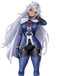 Rule 34 | 1girl, a (xenoblade), armor, blue eyes, breasts, cape, closed mouth, collared cape, earrings, expressionless, hair between eyes, hair intakes, highres, jewelry, long hair, looking at viewer, medium breasts, messy hair, pants, shoulder armor, simple background, single earring, solo, tight clothes, tight pants, very long hair, white background, xenoblade chronicles (series), xenoblade chronicles 3, xenoblade chronicles 3: future redeemed, yamamori kinako