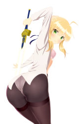 Rule 34 | 1girl, absurdres, ahoge, artoria pendragon (all), artoria pendragon (fate), ass, black pantyhose, blonde hair, blue ribbon, bra, fate/stay night, fate (series), green eyes, hair ribbon, highres, holding, holding sword, holding weapon, long hair, looking at viewer, open clothes, open shirt, panties, panties under pantyhose, pantyhose, pink bra, ribbon, saber (fate), shirt, simple background, solo, sword, taka (takahirokun), underwear, weapon, white background, white panties, white shirt