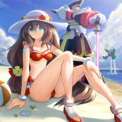 Rule 34 | 1boy, 1girl, android, arm support, armor, ass, ball, bare shoulders, beach, beachball, bikini, blue sky, bracelet, breasts, brother and sister, brown hair, capcom, chill penguin (mega man), cleavage, cloud, collarbone, colonel (mega man), commentary request, day, floating, flower, full body, gloves, green eyes, hair between eyes, hand on own knee, hat, hat flower, helmet, highres, holding, holding weapon, hoshi mikan, iris (mega man), jewelry, legs, long hair, looking at another, looking at viewer, low-tied long hair, medium breasts, mega man (series), mega man x (series), mega man x dive, navel, ocean, official alternate costume, outdoors, red bikini, sand, shadow, shell, siblings, sidelocks, sitting, sky, smile, standing, stomach, sun hat, swimsuit, sword, very long hair, weapon, white footwear, white gloves, white headwear