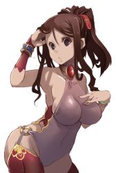 Rule 34 | 1girl, blush, bracelet, breasts, brown eyes, brown hair, covered navel, garter straps, halterneck, halterneck, jewelry, leotard, long hair, looking at viewer, original, ponytail, red thighhighs, solo, standing, thighhighs, uni mate, white background
