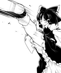 Rule 34 | 1girl, bow, commentary request, detached sleeves, futa (nabezoko), greyscale, hair bow, hair tubes, hakurei reimu, high kick, highres, japanese clothes, kicking, leg up, monochrome, motion lines, nontraditional miko, shoes, short hair, simple background, skirt, solo, touhou, white background, wide sleeves