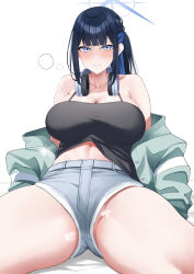 1girl asakura_kukuri bare_shoulders black_camisole black_hair blue_archive blue_eyes blue_shorts breasts camisole cleavage collarbone denim denim_shorts green_jacket halo headphones headphones_around_neck highres jacket large_breasts long_hair long_sleeves looking_at_viewer off_shoulder ponytail saori_(blue_archive) saori_(swimsuit)_(blue_archive) short_shorts shorts sidelocks solo spread_legs thighs