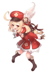 Rule 34 | 1girl, absurdres, ahoge, backpack, bag, blonde hair, blush, boots, brown footwear, brown gloves, charm (object), clover, dress, feathers, four-leaf clover, full body, genshin impact, gloves, hat, hat feather, highres, klee (genshin impact), knee boots, leg up, long hair, long sleeves, open mouth, pom pom (clothes), red dress, red eyes, red hat, sidelocks, simple background, smile, solo, white background, yu mochi (kamiinu)