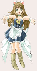 Rule 34 | 1girl, animal ears, apron, boots, brown hair, cat ears, choker, frilled apron, frilled skirt, frills, green eyes, high heel boots, high heels, long hair, maid, outstretched arms, skirt, solo, waitress, wrist cuffs, yukishiro yoshi