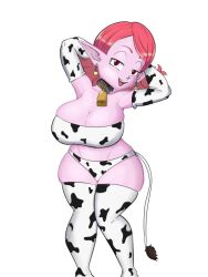 Rule 34 | 1girl, :&gt;, alternate breast size, animal ears, animal print, armpits, arms up, ass, bare shoulders, bell, black eyes, breasts, chronoa, cleavage, collar, colored skin, cow print, cow print bikini, cow tail, cowbell, curvy, dragon ball, dragon ball heroes, dragon ball xenoverse, earrings, elbow gloves, eyebrows, fake animal ears, fake tail, female focus, gloves, highres, jewelry, kappa spark, large breasts, looking at viewer, navel, panties, pink skin, pointy ears, potara earrings, print bikini, red eyes, seductive smile, short hair, simple background, smile, solo, standing, tail, thick thighs, thighhighs, thighs, underwear, wide hips