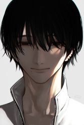 Rule 34 | 1boy, black eyes, black hair, chainsaw man, closed mouth, dated, earrings, fucodoku, grey background, half-closed eyes, highres, jewelry, male focus, mole, signature, simple background, smile, solo, twitter username, upper body, yoshida hirofumi, zipper