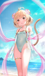 Rule 34 | 1girl, absurdres, ahoge, andira (granblue fantasy), animal ears, arms behind back, beach, blonde hair, blue sky, breasts, casual one-piece swimsuit, cloud, commentary request, covered navel, day, double bun, erune, feet out of frame, flower, fubuki rinne, granblue fantasy, green one-piece swimsuit, hair bun, hair flower, hair ornament, highres, horizon, monkey ears, monkey girl, monkey tail, ocean, one-piece swimsuit, outdoors, red eyes, short hair, sky, small breasts, solo, swimsuit, tail